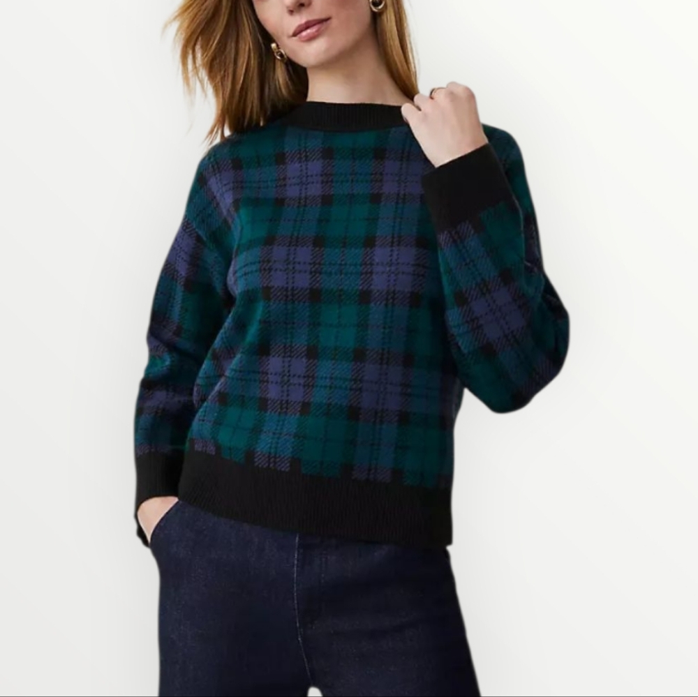 Ann Taylor Plaid Sweater Womens Large Petite LP Tartan Check Crewneck‎ Pullover